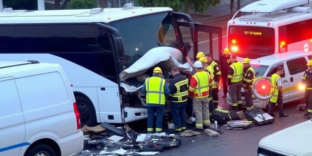 Emergency responders at a bus crash scene with debris.