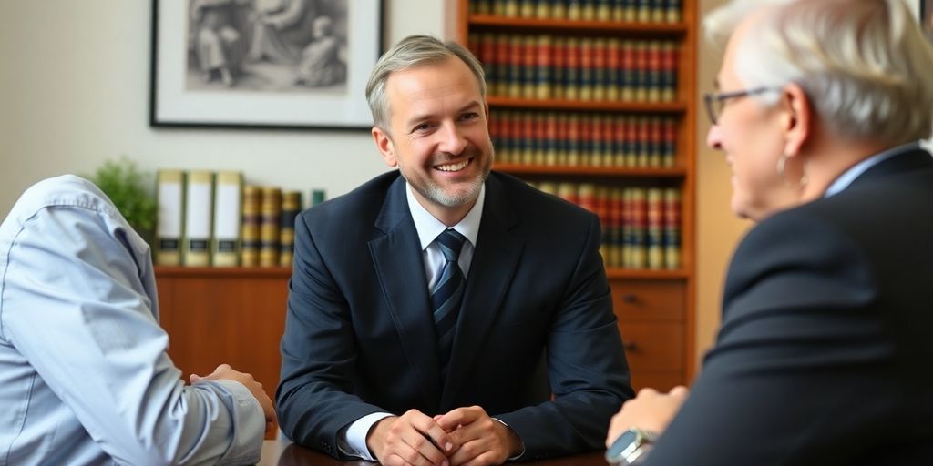 Lawyer and client discussing case in cozy office.