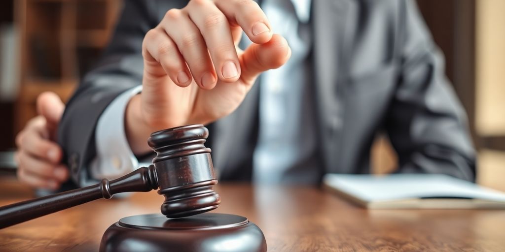 Close-up of a lawyer reaching for a gavel.