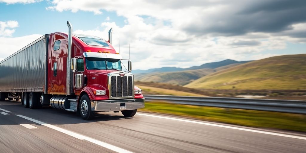 Truck driving on a highway under a clear blue sky.