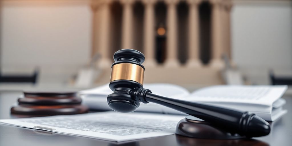 Gavel and legal documents on a wooden desk.