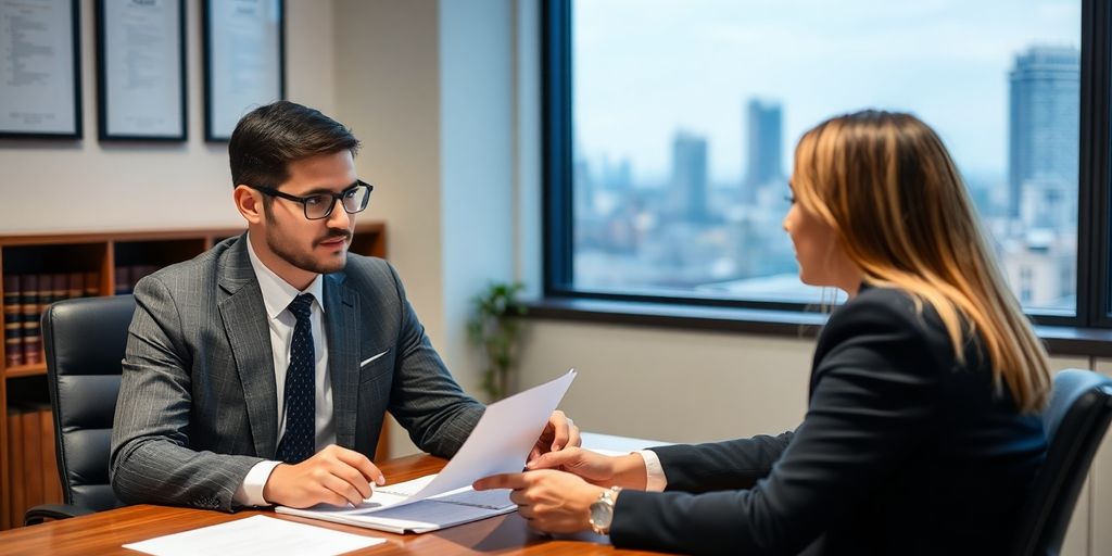 Injury defense attorney consulting with a client in office.