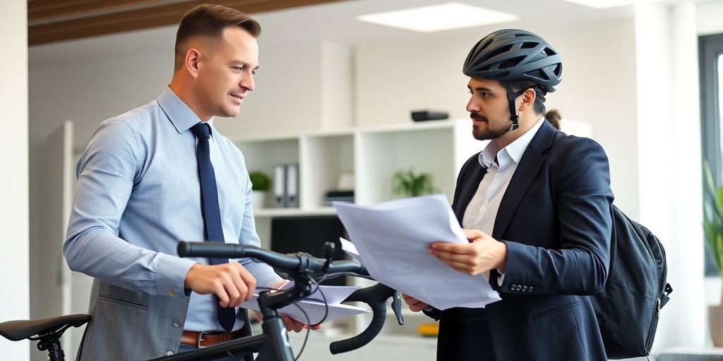 Lawyer consulting with cyclist in an office.